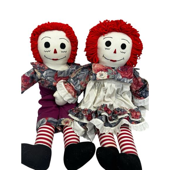 Large 25” VTG Raggedy Ann and Andy Dolls Handmade Floral Clothing Country Core - Picture 1 of 9